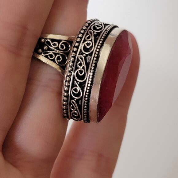 Sterling Silver Pink Agate Ring – Bohemian Statement Jewelry – Size 8.5 - Picture 8 of 13